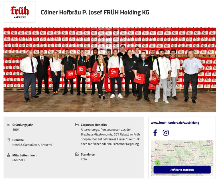 Screenshot azubister Premium-Profil mit Logo, Headerbild und Faktenbereich von FRÜH