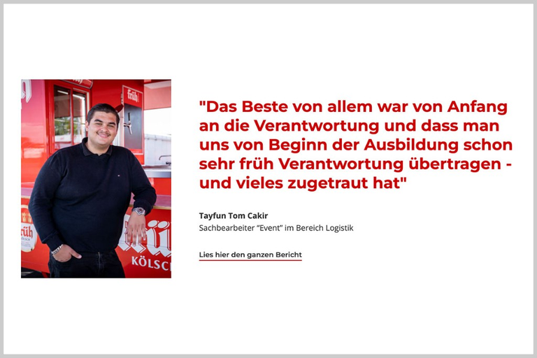 frueh-karriere.de: Interview-Zitat mit Mitarbeiterportrait am Arbeitsort